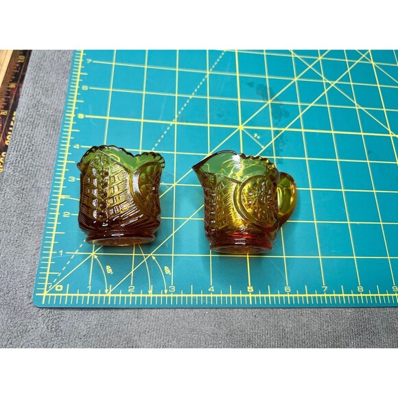 VTG Amber Miniature Glass Pitcher Creamer Toothpick Holder Lot - Picture 6 of 6